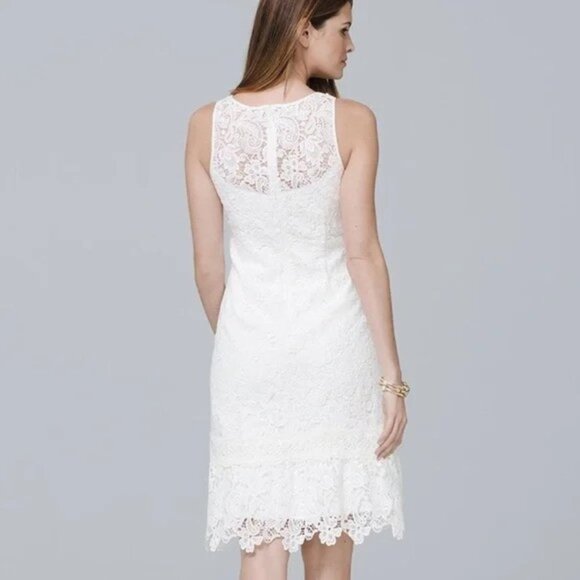 WHBM Sleeveless White Floral Lace Flounce-Hem Shift Dress - Picture 3 of 12